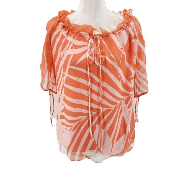 Milly Of New York Silk Orange Print Tie Neck Ruffle Blouse Palm Print Size 4 - Picture 1 of 11